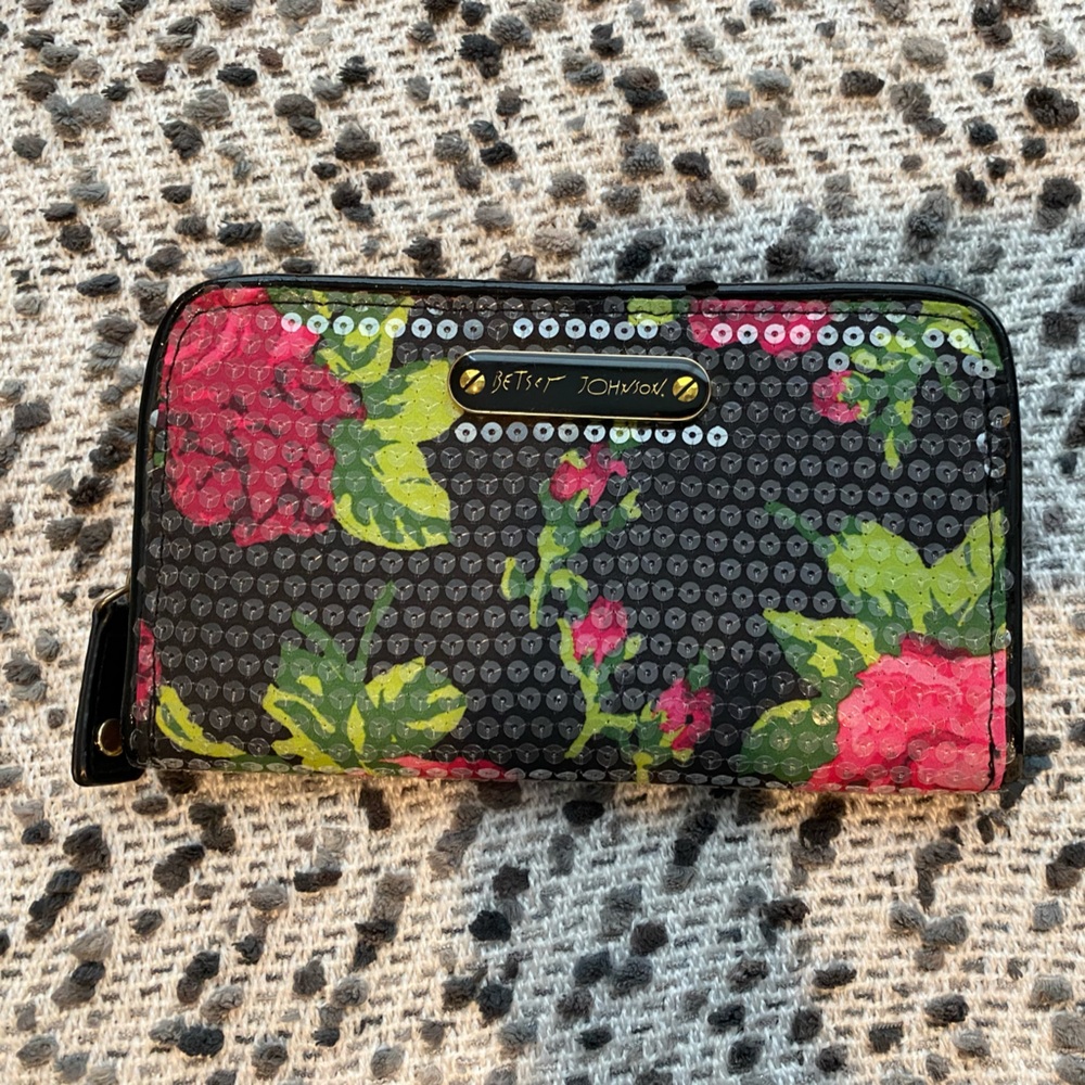 Betsey Johnson black clutch with pink floral pattern and clear sequins